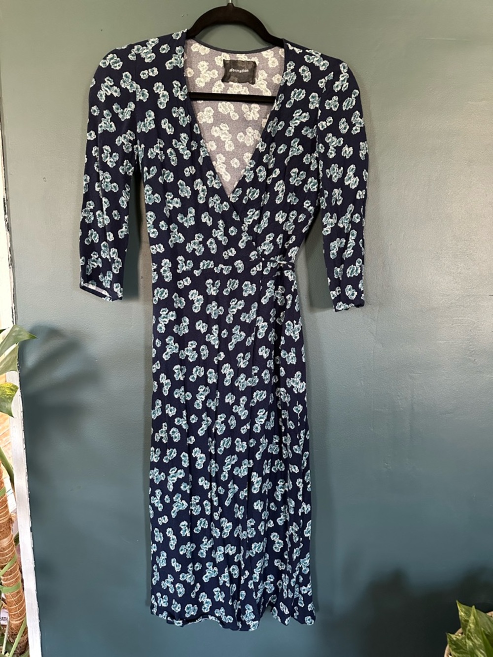 Reformation Navy Blue Midi Wrap Dress with Light Blue Floral Print